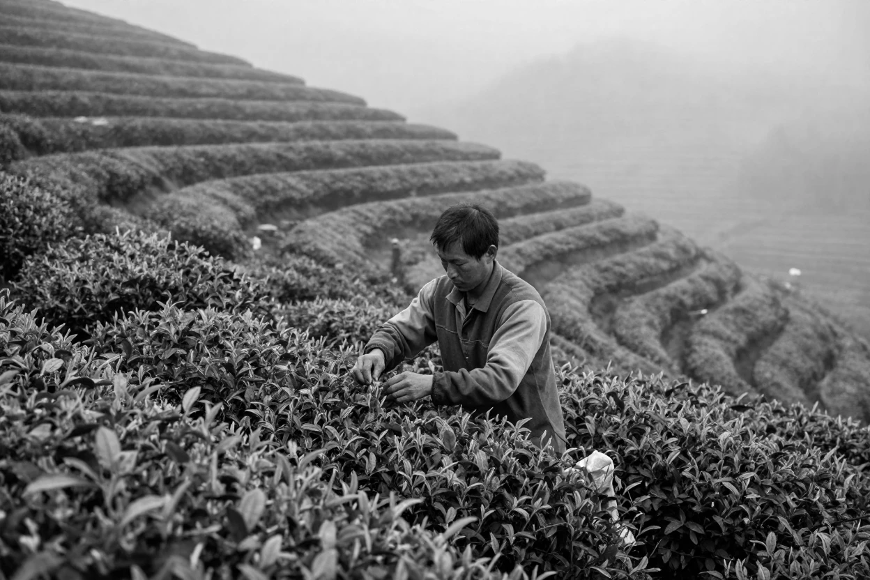 A tea picker plucks fresh leaves from a hillside bush across misty tea terraces.
