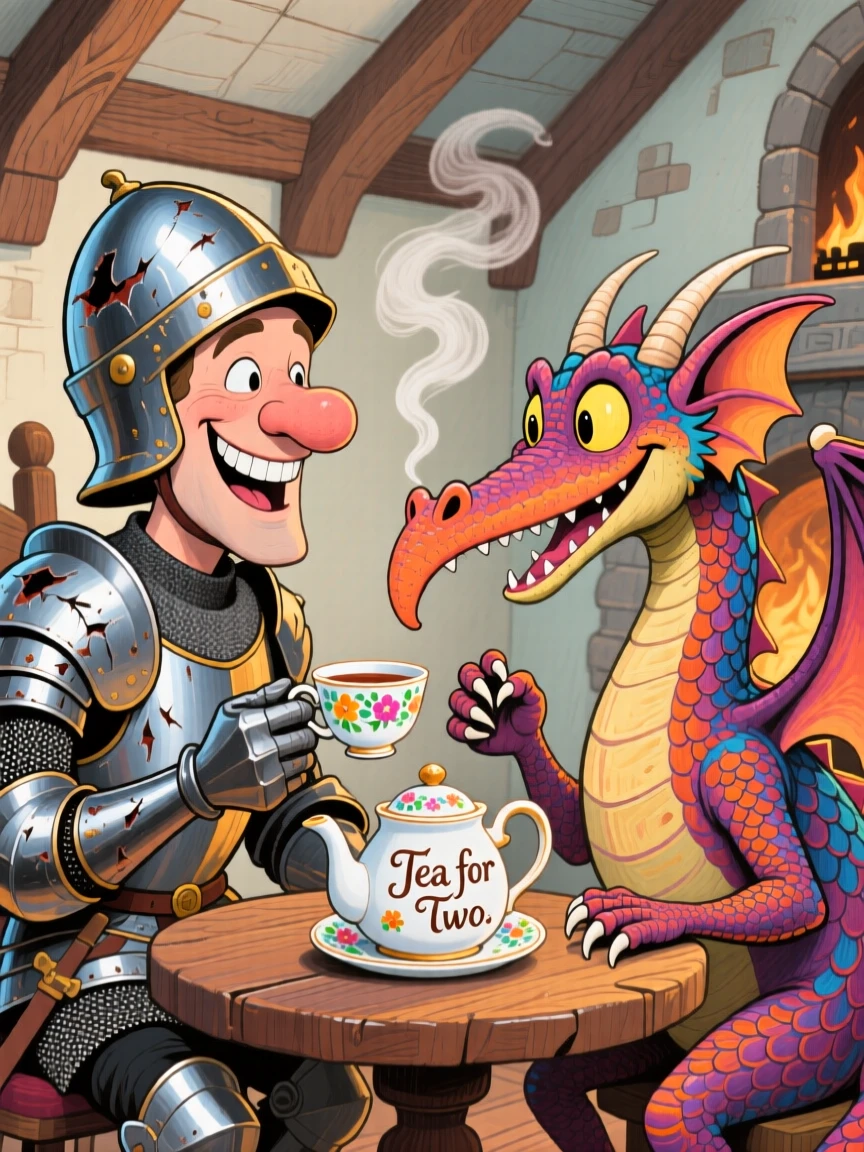 A knight and dragon sharing an unlikely friendship over a cup of tea.
