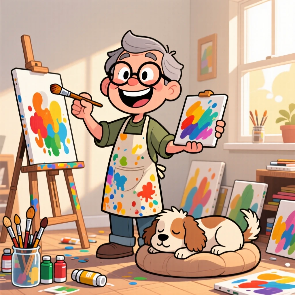 An everyday-life snapshot of a hobbyist painter, grinning at a small but satisfying success, with a contented pet dozing close by.