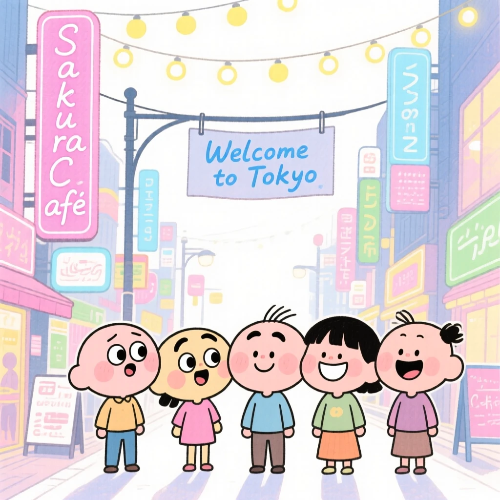 A dreamy travel postcard scene of a bustling Tokyo street glowing with neon signs glowing under twinkling evening lights