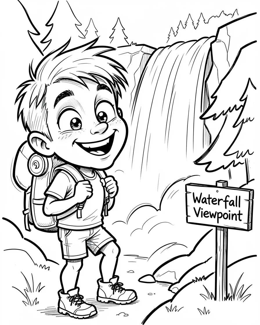 [Trending & Universal Topics] Modern lifestyle scene of a hiker pausing to admire a breathtaking waterfall view, capturing everyday joy