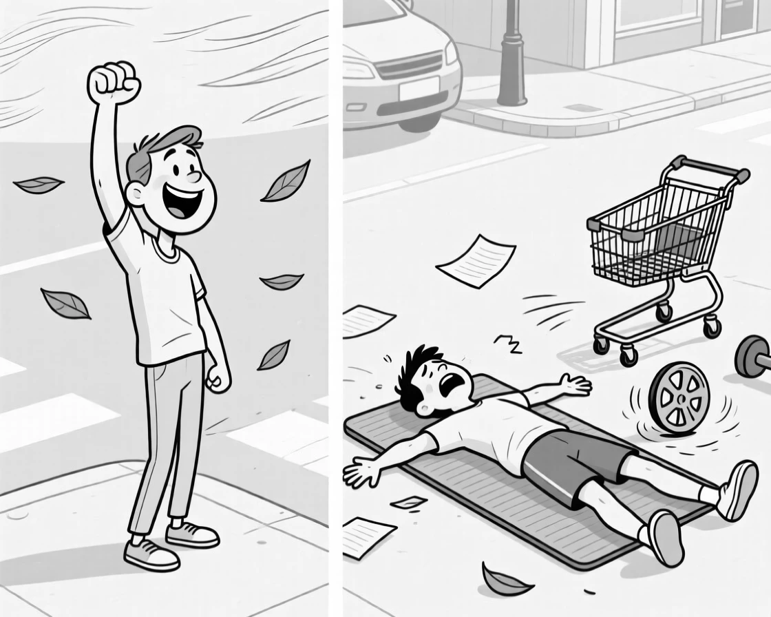 A person doing a triumphant fist pump after finding a parking spot, sprawling flat on the gym mat in exaggerated defeat, set on a windy street corner. A shopping cart wheel spins uselessly in place. It's the kind of relatable blunder everyone secretly recognizes.