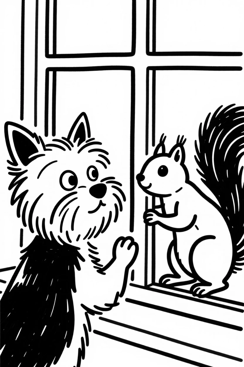A yorkie watching a squirrel through a window, paws pressed to the glass.