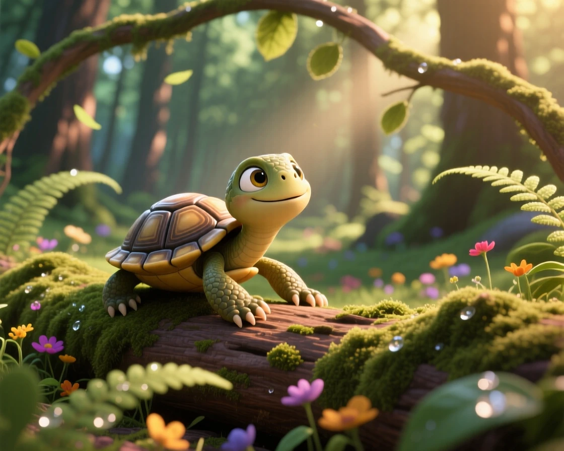 A tiny turtle hatchling is perched on a mossy log in a quiet forest, stretching after a long nap. Innocent curiosity shines through the moment, with a faint smile-like expression.