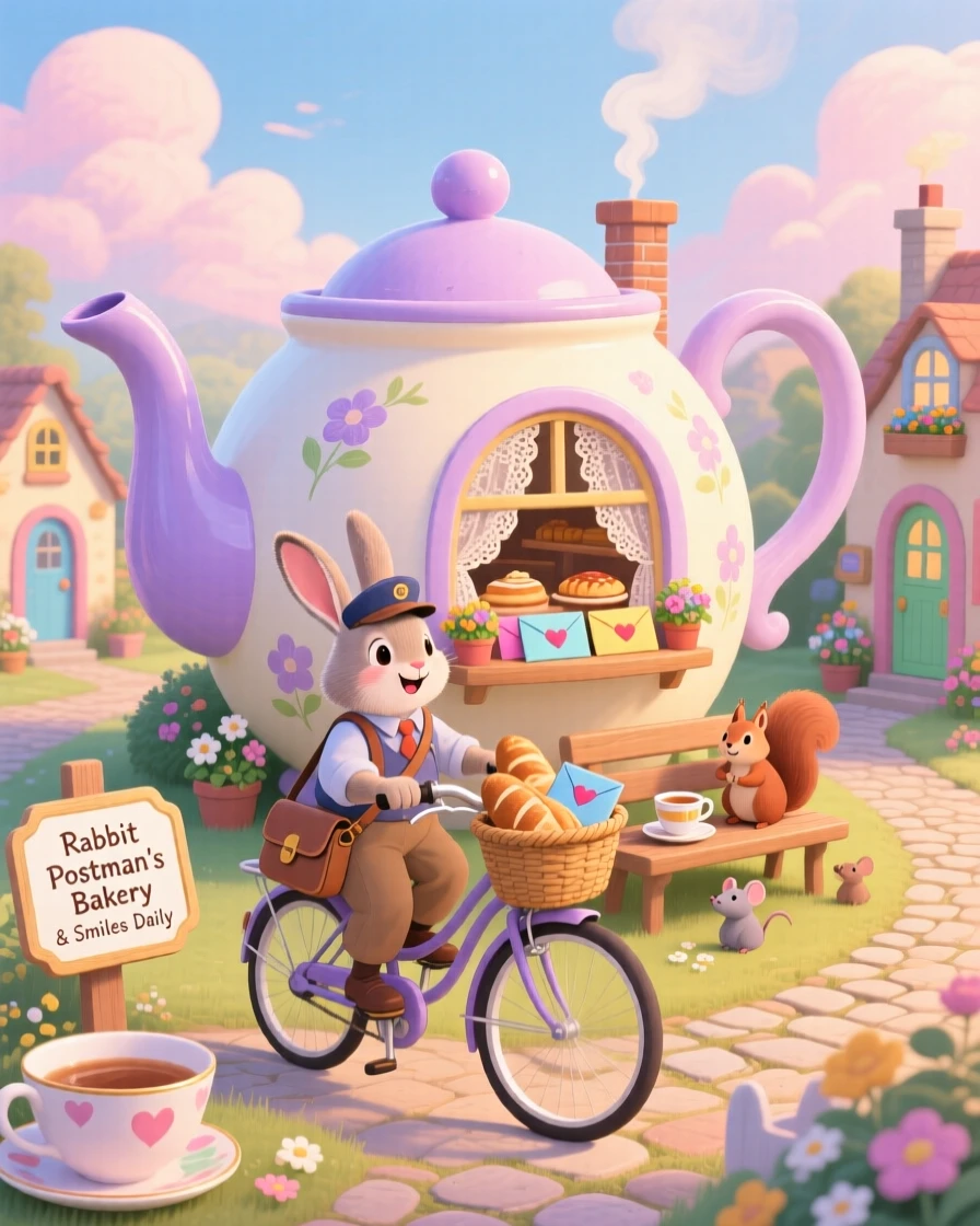 A rabbit postman on a bicycle is running a bakery inside a giant teapot in a world where teacups are houses, with everything wrapped in a cozy, storybook charm.