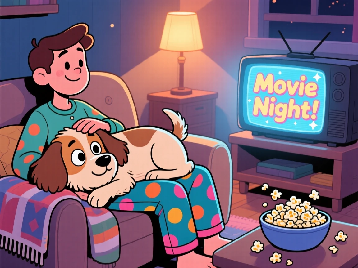 A dog resting its head on its owner's lap during a movie night.