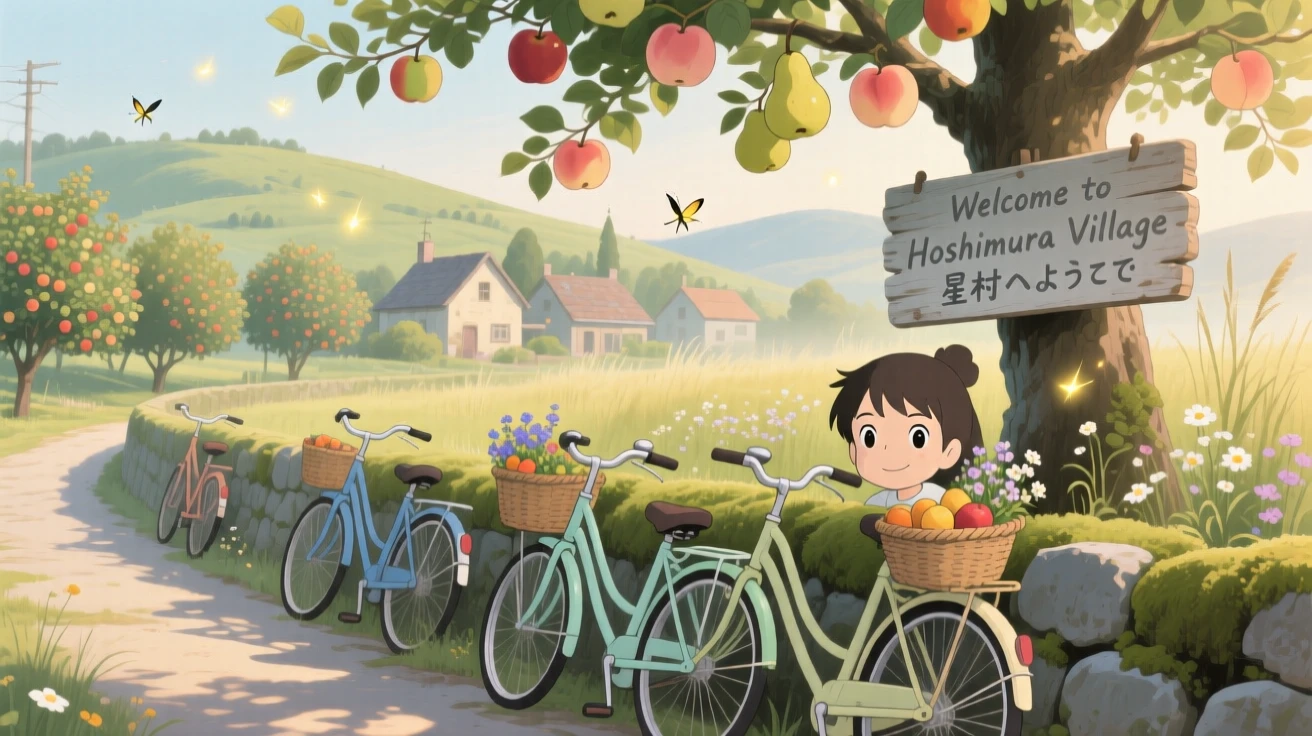 A village bordered by orchards heavy with fruit, with bicycles leaning against a low stone wall, in the soft morning light.