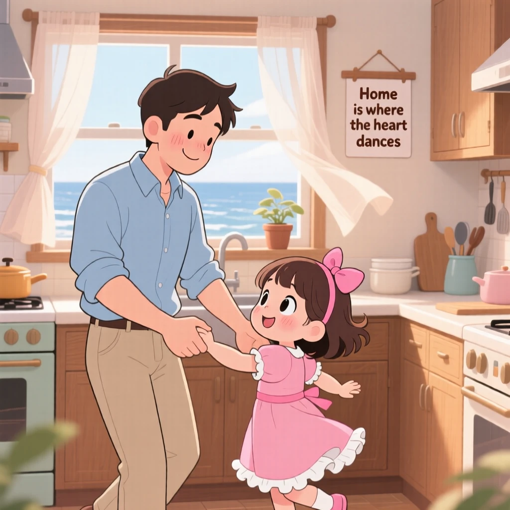 Waist-up portrait: a father and daughter, dancing together in the kitchen, set against a warmly lit kitchen on a breezy coastal afternoon, with diffused overcast light and a mood of shy bashfulness.