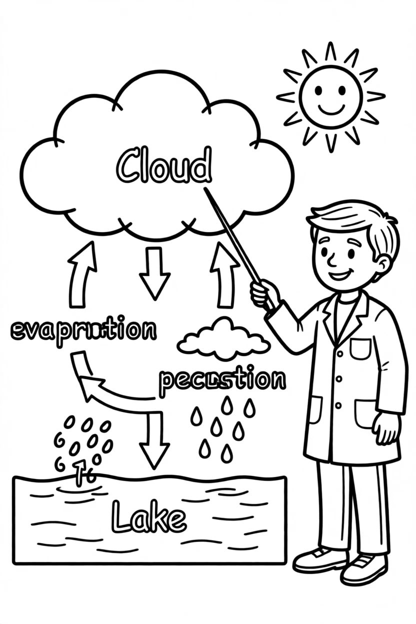 A scientist studying the water cycle with a simple diagram
