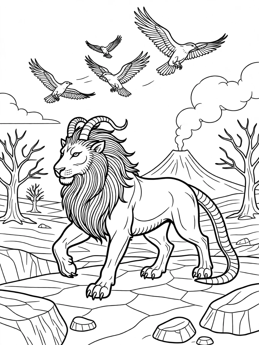 A chimera prowling a volcanic wasteland, with a flock of ravens scattering into the sky.