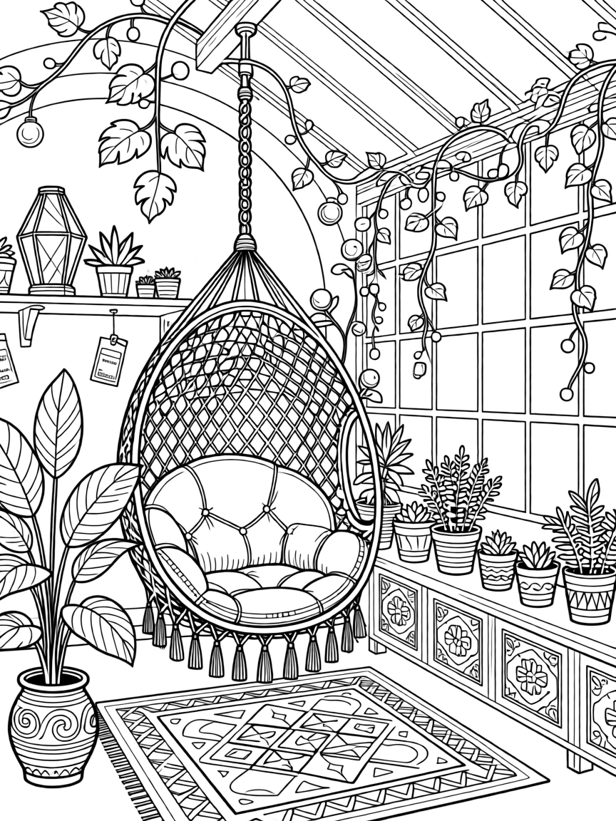 A quiet indoor greenhouse nook with a hammock chair and trailing vines.