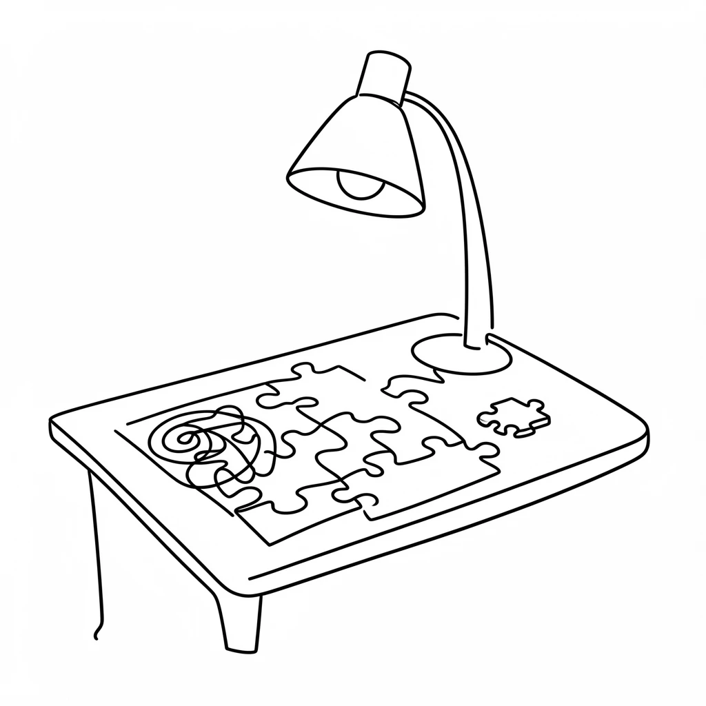 A jigsaw puzzle half-completed on a table beneath a lamp