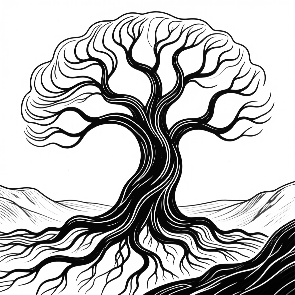 A colossal tree of life with roots and branches spanning an entire valley.