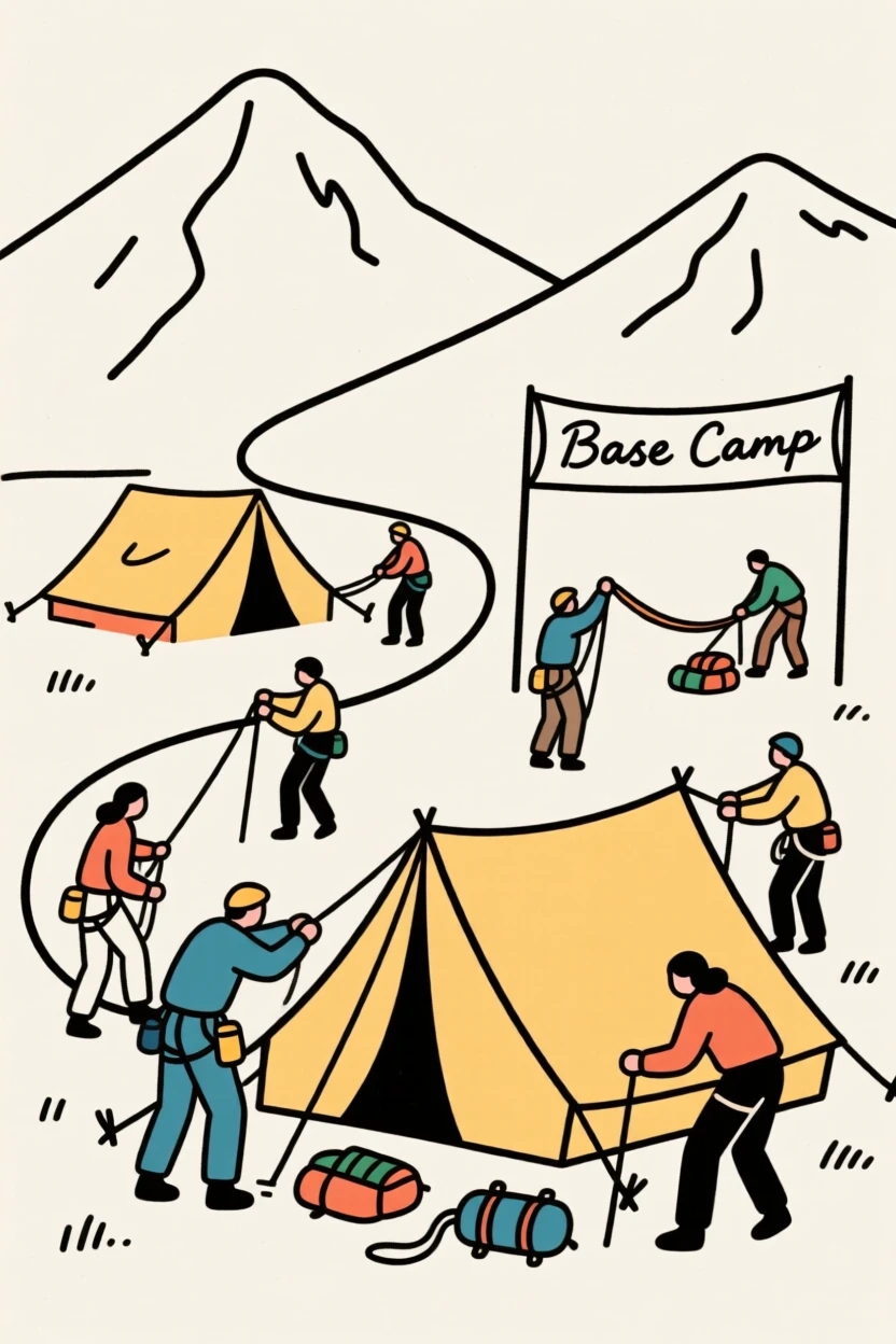 A group of climbers setting up tents at a mountain base camp.