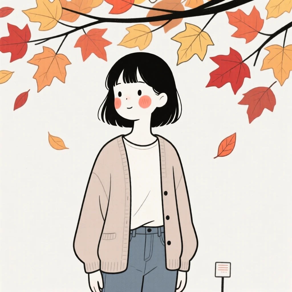A young girl of French heritage in a soft cardigan and jeans, radiating quiet confidence, under a canopy of autumn leaves.
