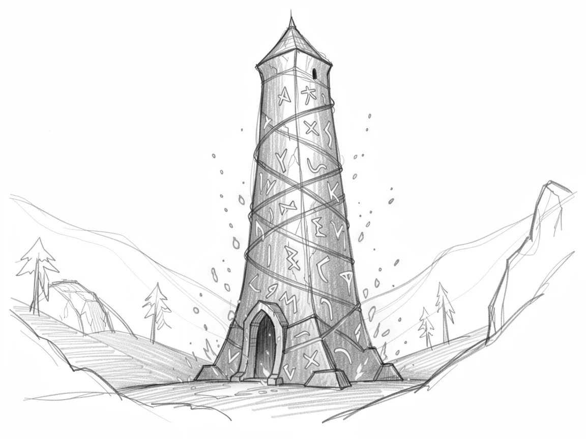 A magical, imaginative vision of a tower wrapped in glowing runes in a valley bathed in otherworldly light, with embers drifting gently upward.