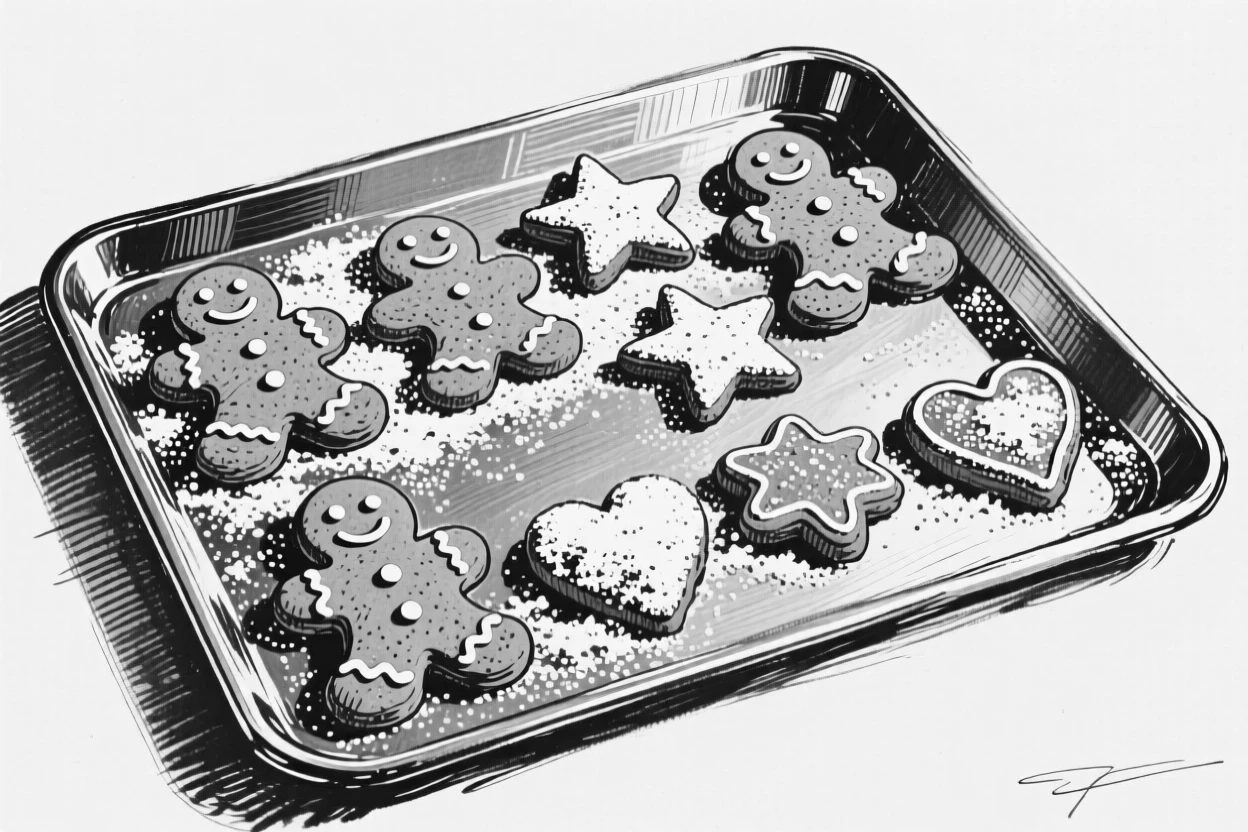 A tray of freshly baked gingerbread cookies dusted with powdered sugar.