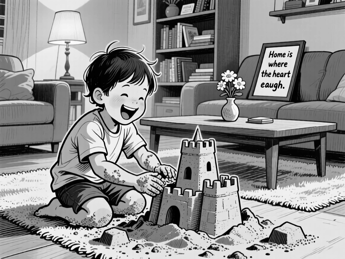 A child building a sandcastle within a warmly lit living room, with genuine laughter caught mid-moment, creating a tender and sincere lifestyle scene.