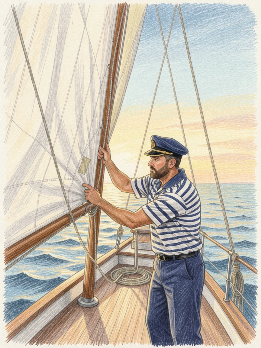 A sailor adjusting the sails of a boat on a breezy afternoon, bathed in the warm glow of golden-hour light, designed to feel inviting, memorable, and shareable.
