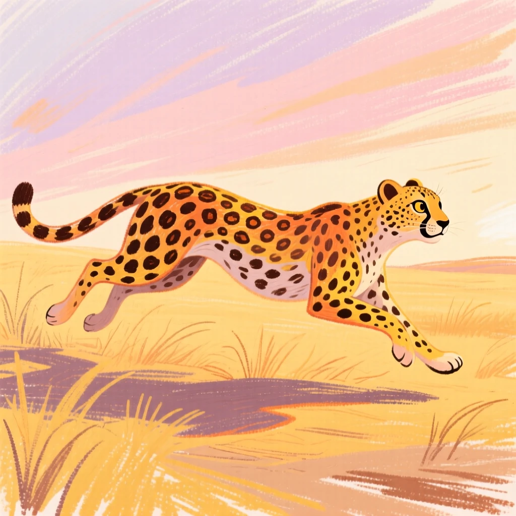 A cheetah sprinting low across dry golden grassland at dawn.