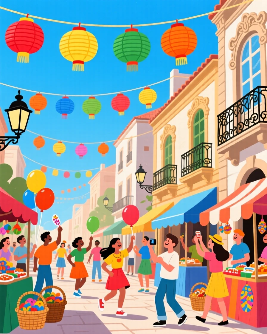 A colorful street festival with paper lanterns overhead, under a clear crisp blue sky, composed with charming architectural details in focus, with a joyful, adventurous atmosphere.