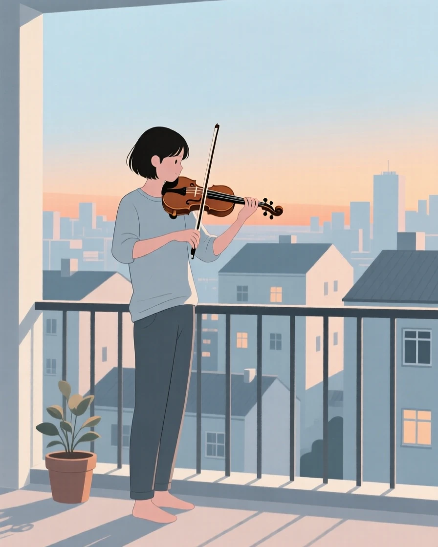 A musician playing violin on a quiet balcony overlooking the city.