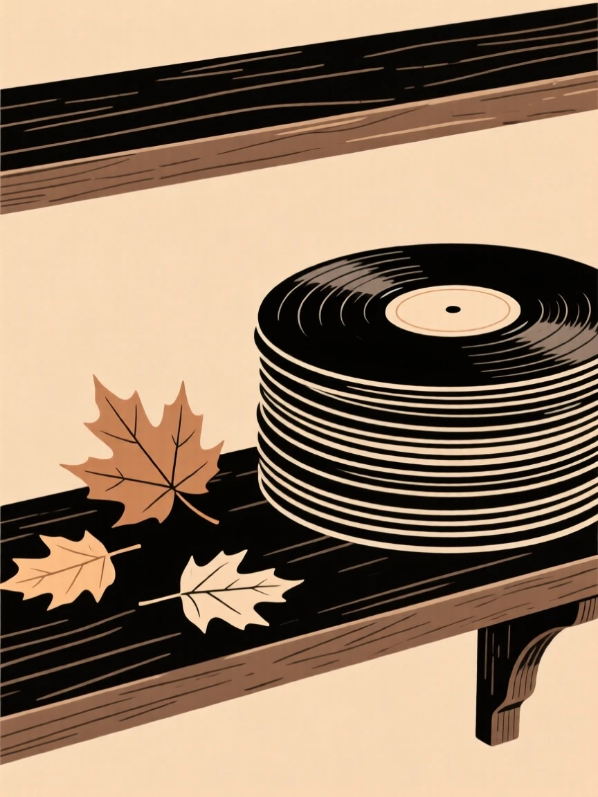 A close-up study of a stack of vinyl records placed beside loose autumn leaves on an antique shelf, full of understated elegance.