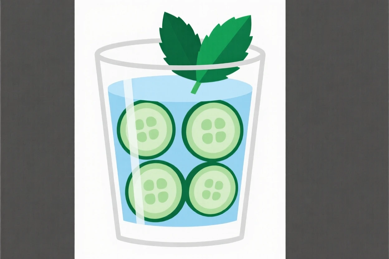 A glass of water with sliced cucumber and mint