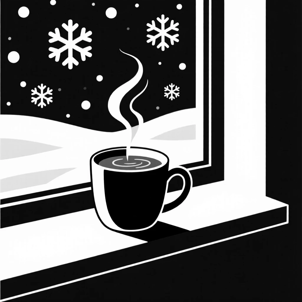A warm mug of cocoa resting on a windowsill in winter.