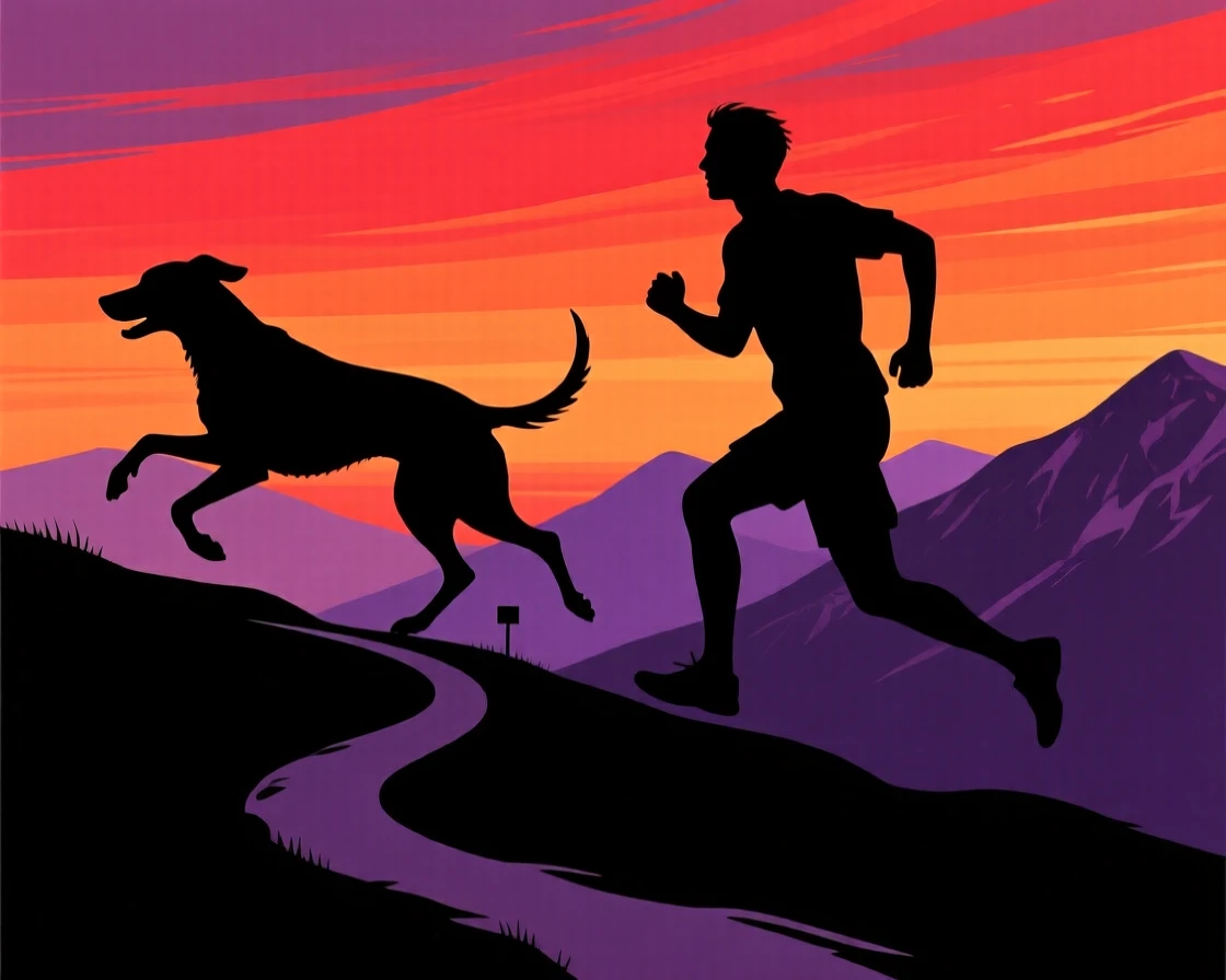 A dog running ahead of its owner along a mountain trail.