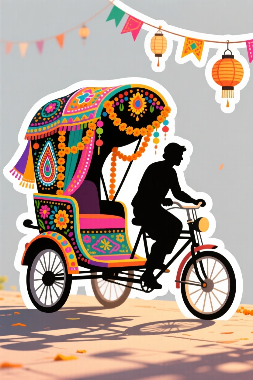 A culturally vibrant Indian rickshaw decorated with colorful patterns, captured during a festive celebration, on a warm and welcoming afternoon.