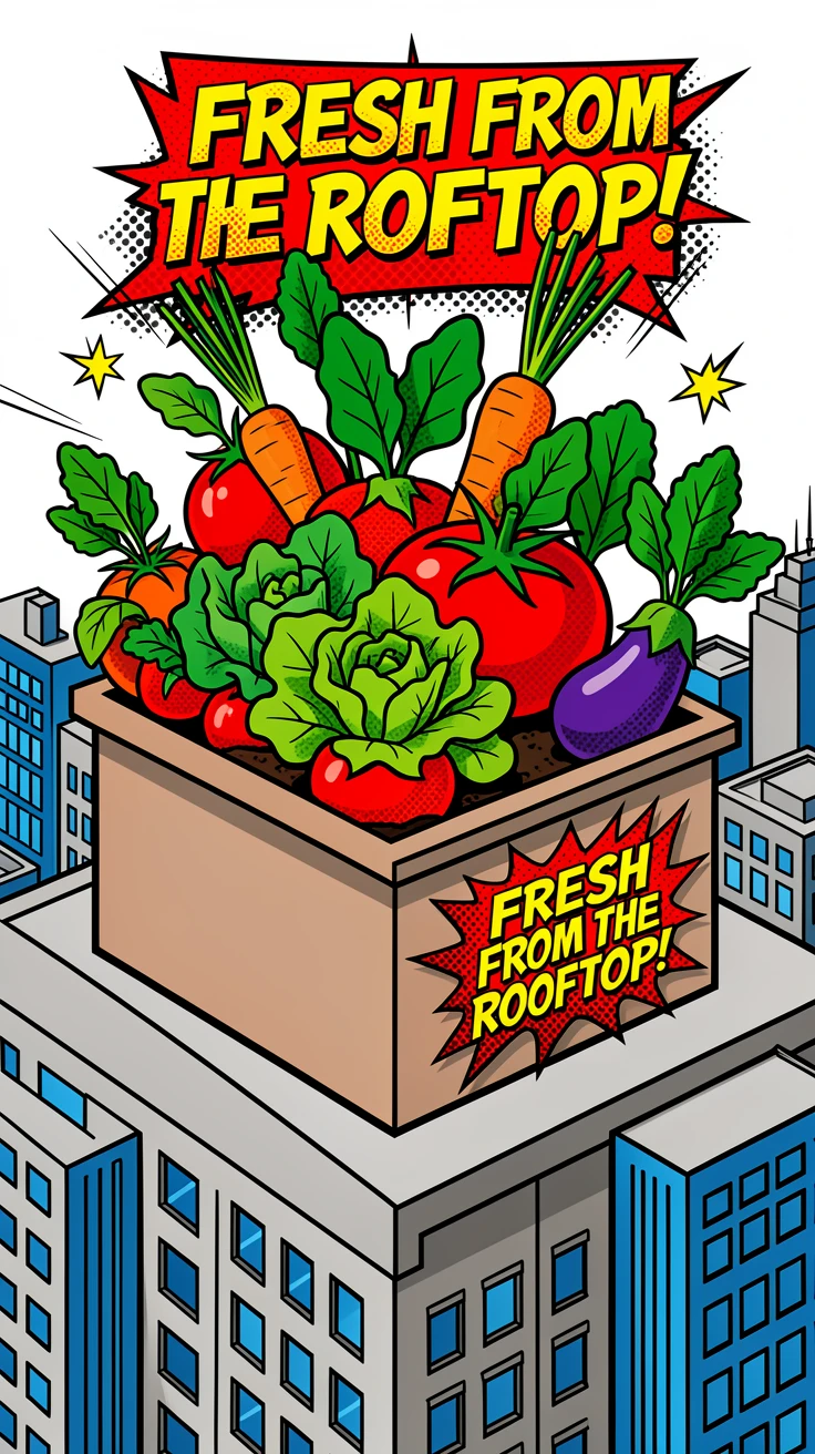 A rooftop vegetable garden thriving above a busy city