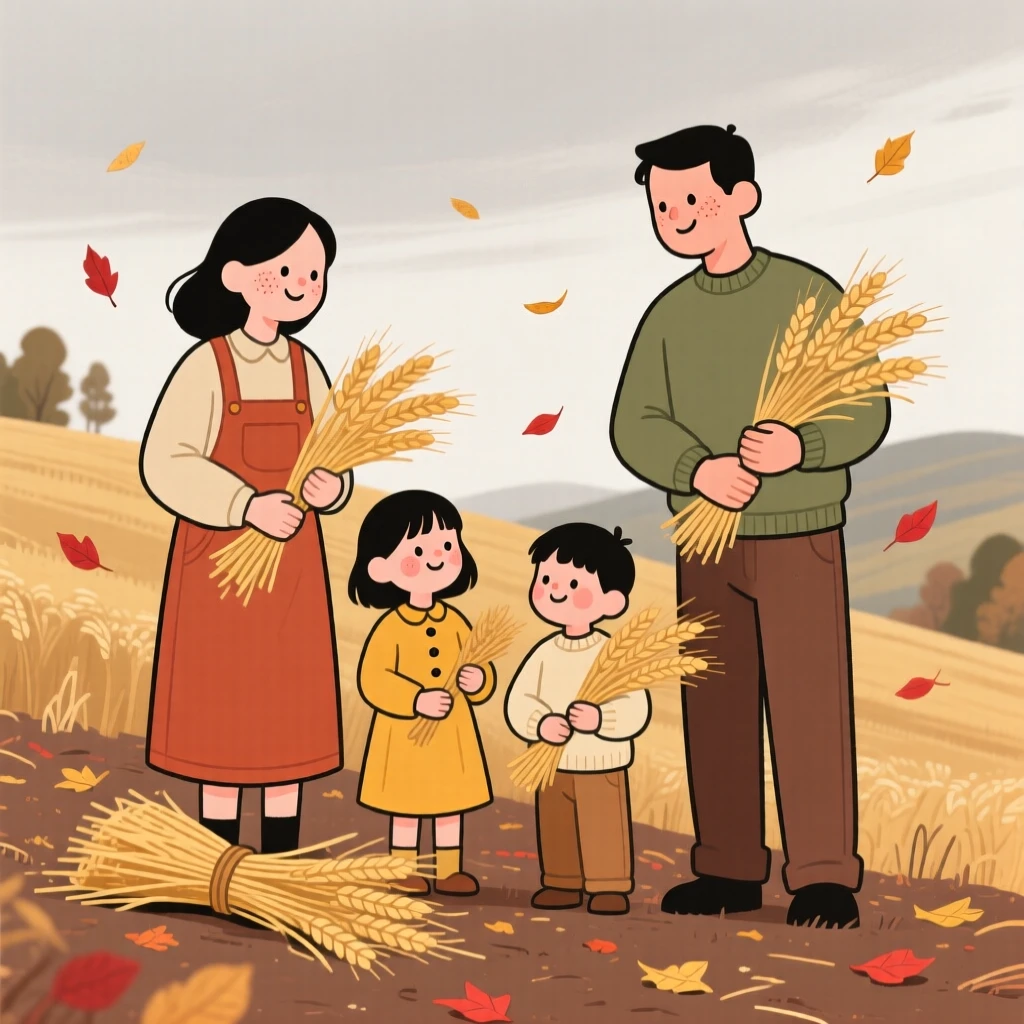 A family gathers bundles of wheat in a hillside farm as red and gold leaves drift down around them under a overcast gray sky.