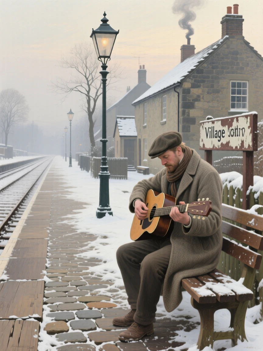 A balanced composition of a traveling musician tuning his guitar on a train platform, in the quiet stillness of midwinter, in a small English village.