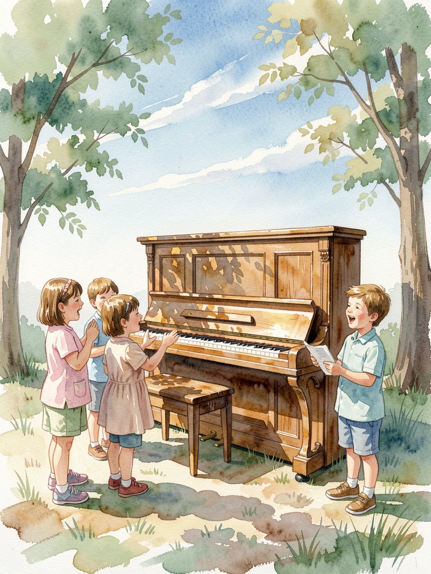 Children singing around a piano under a bright blue sky.