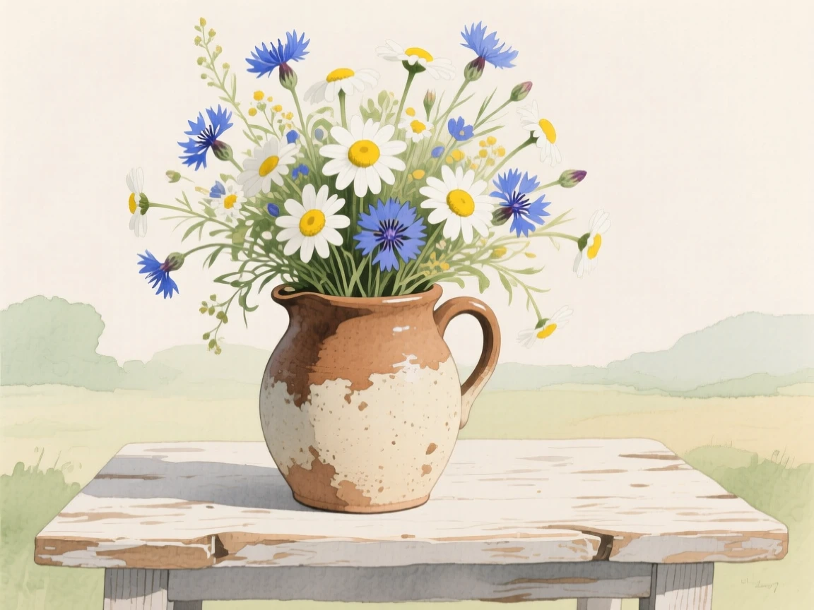 A wild arrangement of wildflowers, daisies, and cornflowers spills from a rustic ceramic pitcher on a farmhouse table