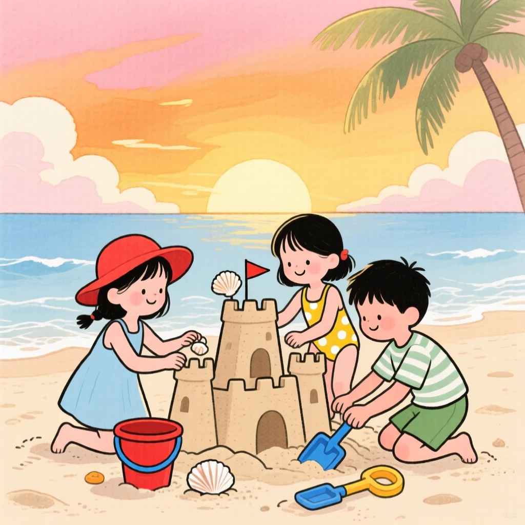 A heartwarming holiday moment: children building sandcastles during a golden summer sunset.