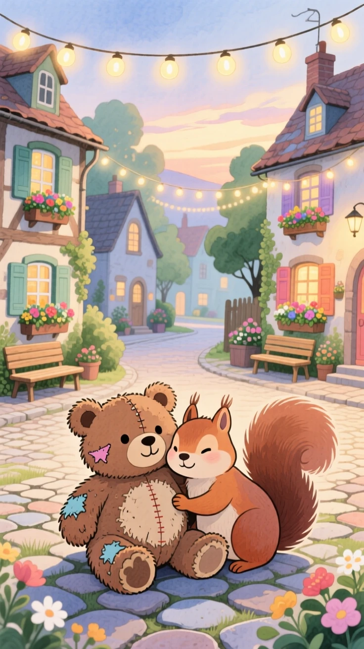 A pair of squirrels resting its head on a favorite worn-out teddy bear, set in a village square decorated with fairy lights, brimming with cozy comfort.