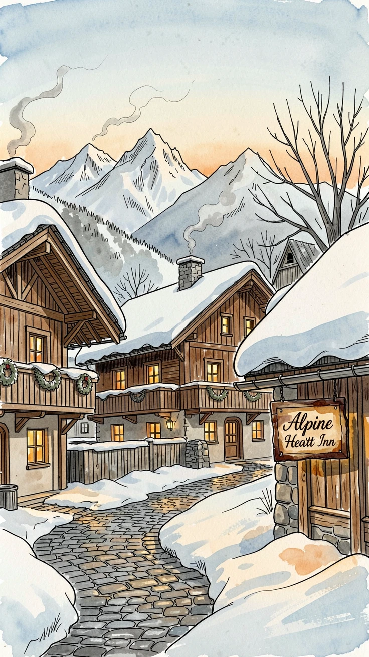 A snow-covered alpine village glowing with warm window light at dusk, a gentle stillness settling over the historic setting.