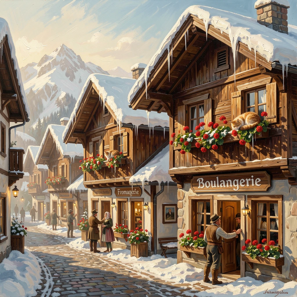 A snow-covered alpine village with steep-roofed chalets, with window boxes overflowing with red geraniums, a cat dozing on a sun-warmed windowsill, in early morning, shopkeepers just opening their doors.