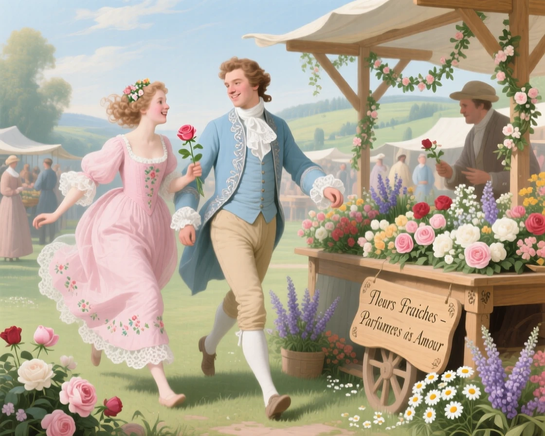A young couple running a flower stall at a country market  