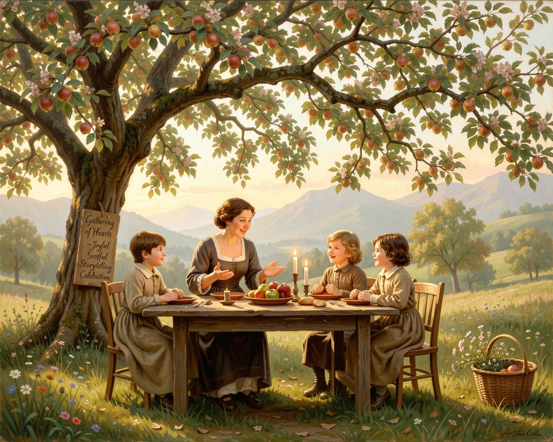 A mother and her children tell stories around a long table beneath an orchard tree during a joyful celebration.