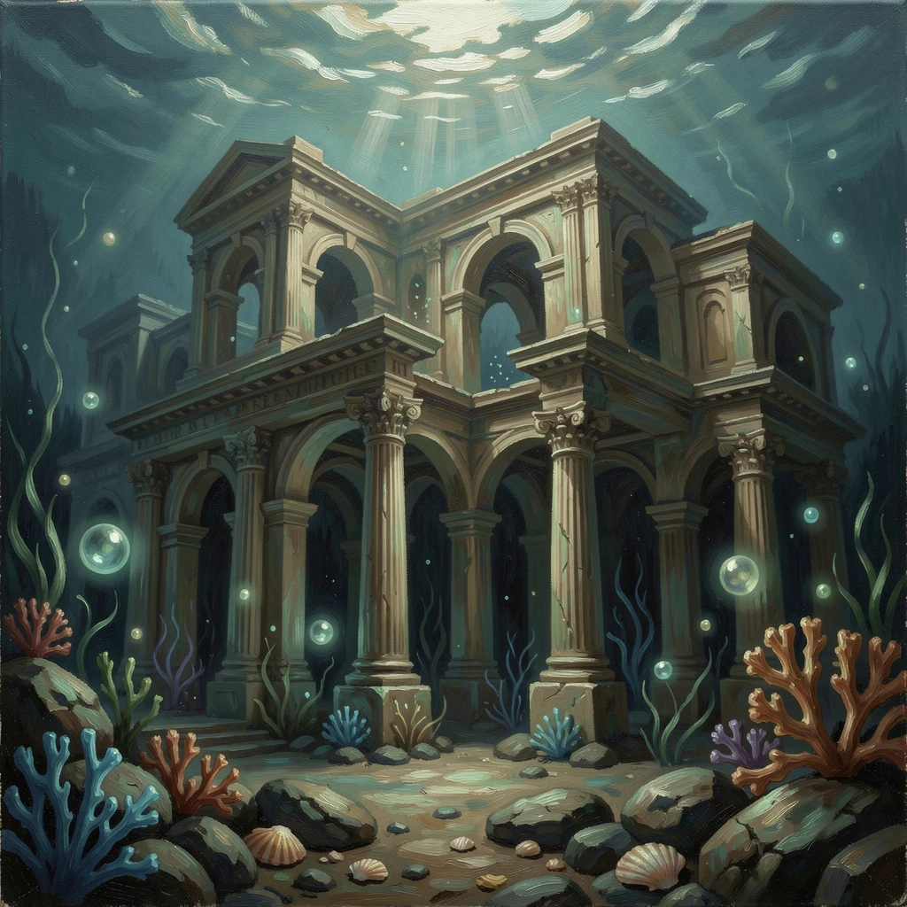 A grand underwater palace glowing softly beneath the ocean's surface, as glowing magical elements illuminate the surrounding darkness, blending fantasy imagination with striking photorealistic detail