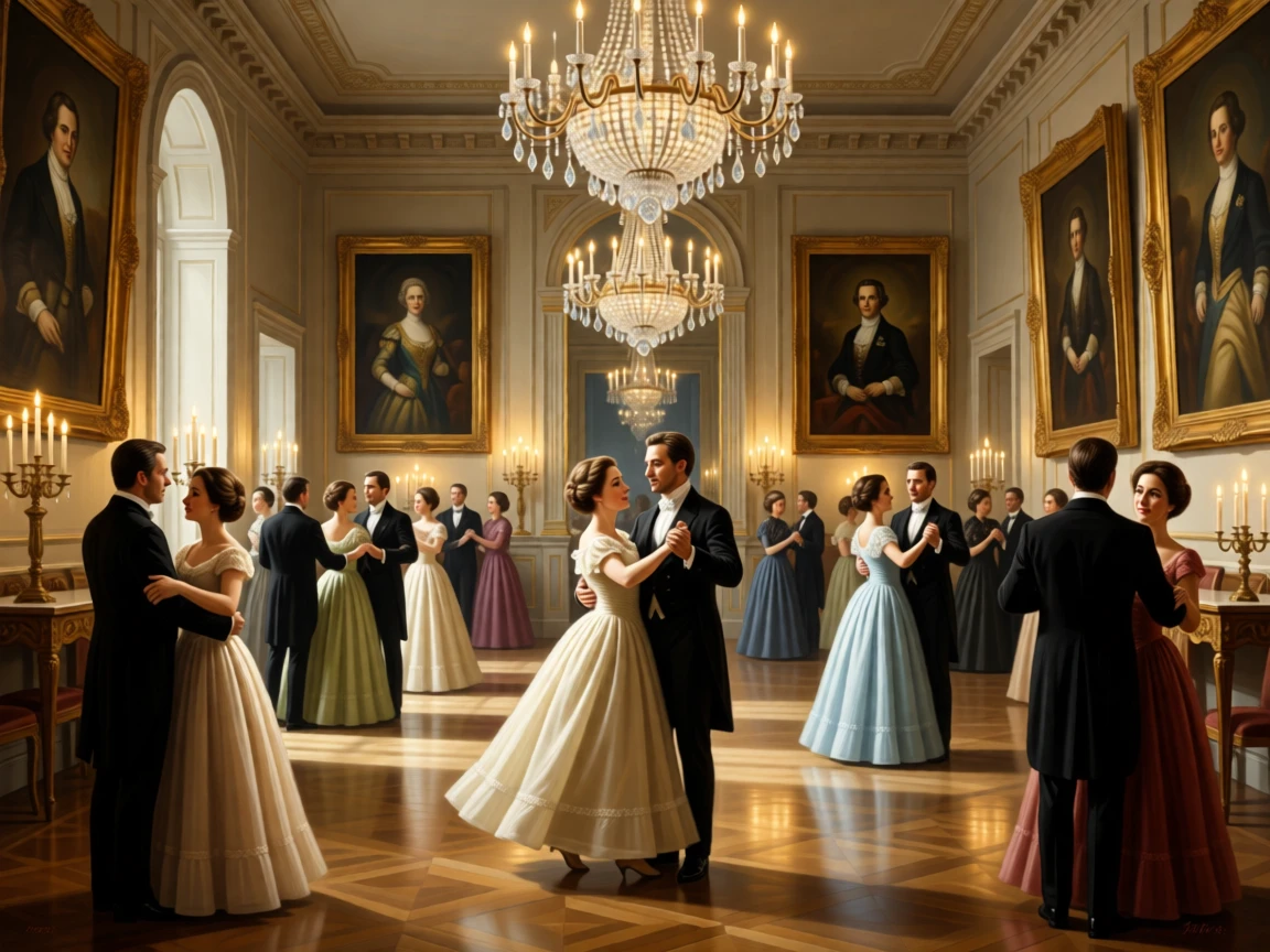 Noble guests dancing a waltz beneath crystal chandeliers as laughter and music fill the air, set within a mirrored ballroom lit by hundreds of candles, with portraits of ancestors watching from gilded frames; converging sightlines from the guests draw attention to the central gesture, capturing the warmth of family bound by legacy.