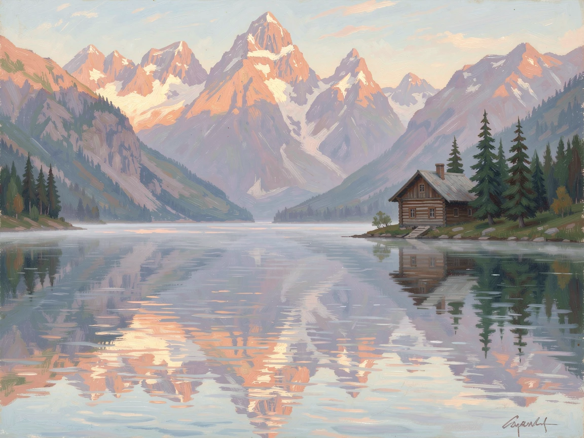 A serene mountain lake mirroring jagged peaks, a small wooden cabin nestled among pine trees on the shore, as the first light of dawn breaks.