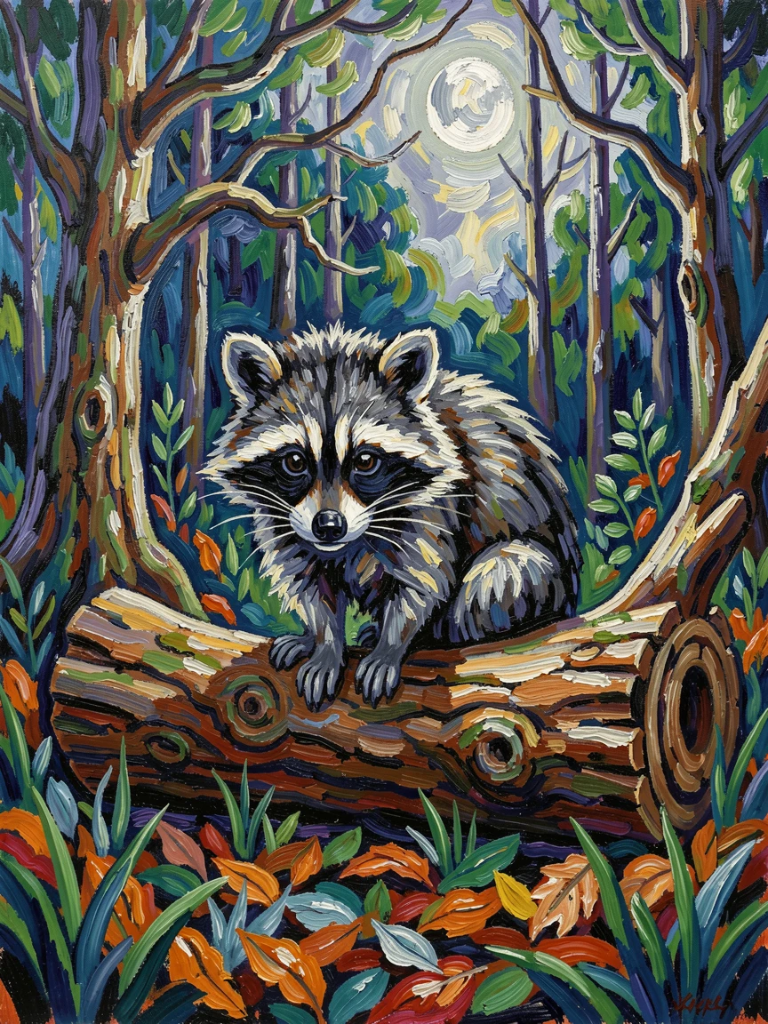 A curious raccoon peering out from a hollow log in a moonlit forest.