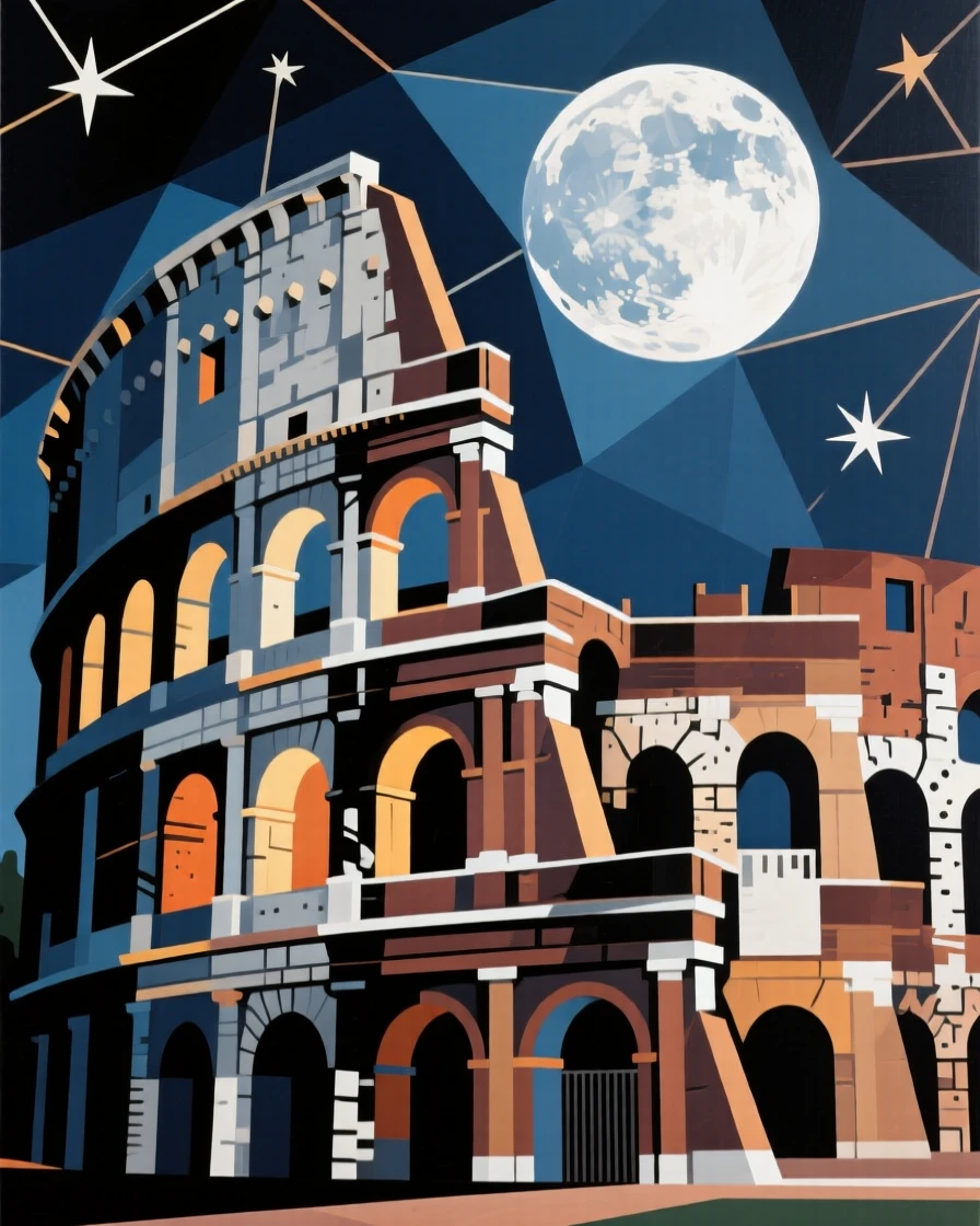 A breathtaking view of the Colosseum, glowing softly under a full moon.