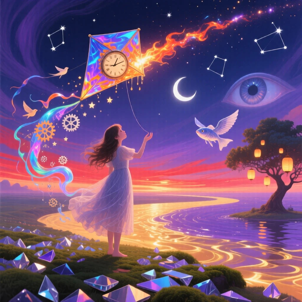 A young girl chasing a kite shaped like a small comet stands quietly beneath a wide and endless sky, while soft light gathers warmly around their figure.