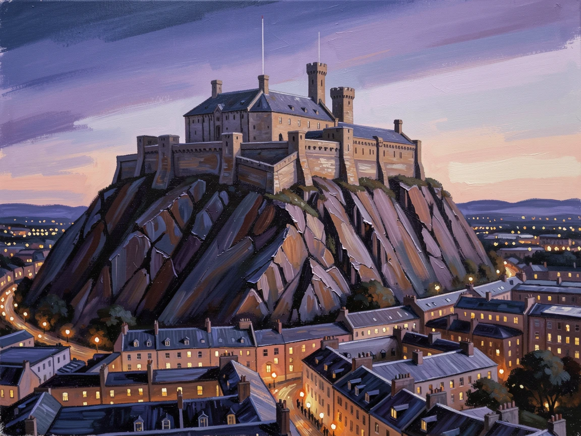 Edinburgh Castle looms dramatically atop its volcanic rock at twilight, city lights beginning to twinkle in the streets below, the play of light across weathered surfaces revealing decades of history in every wall.