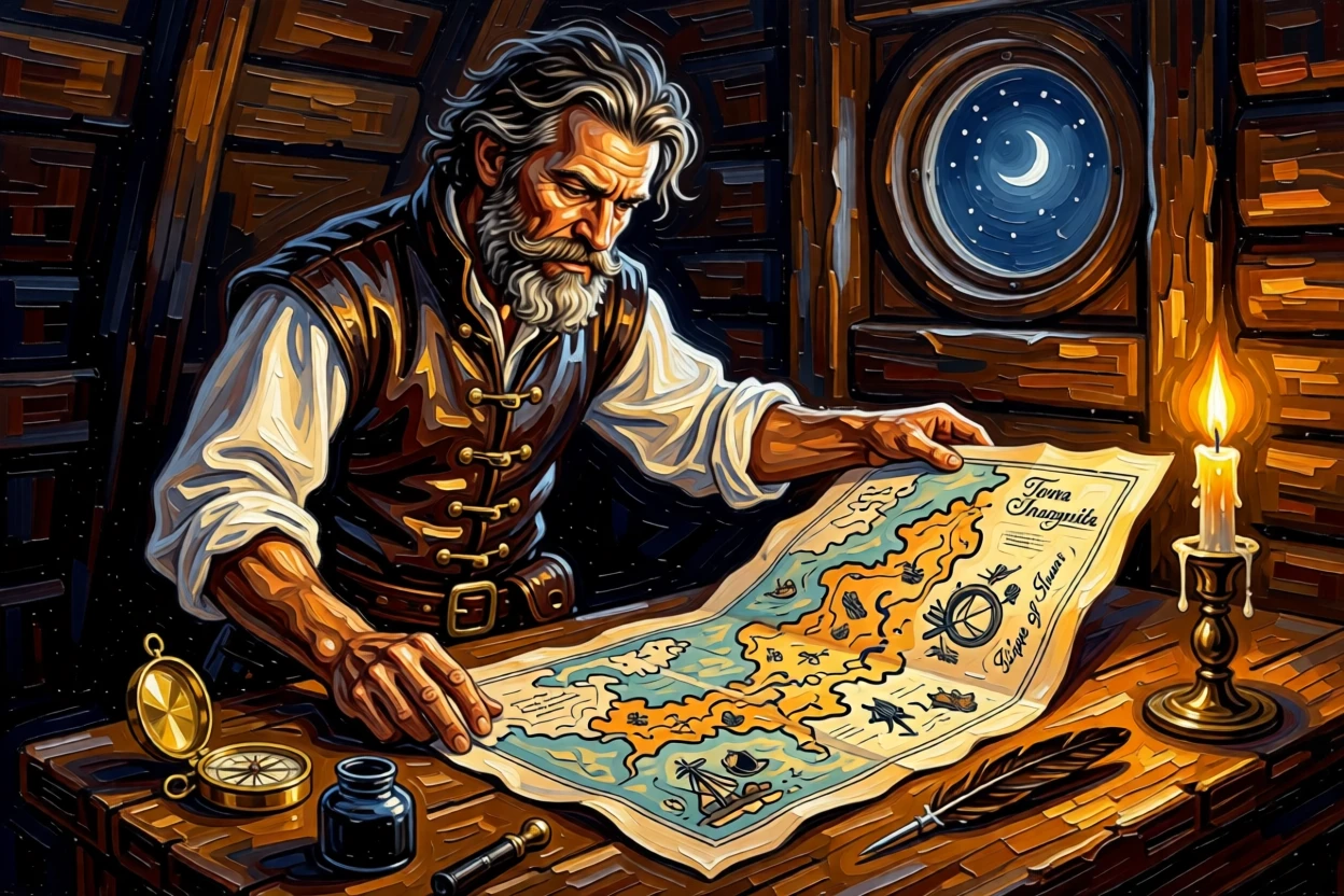 An old-world explorer studying a hand-drawn map by candlelight in a ship's cabin